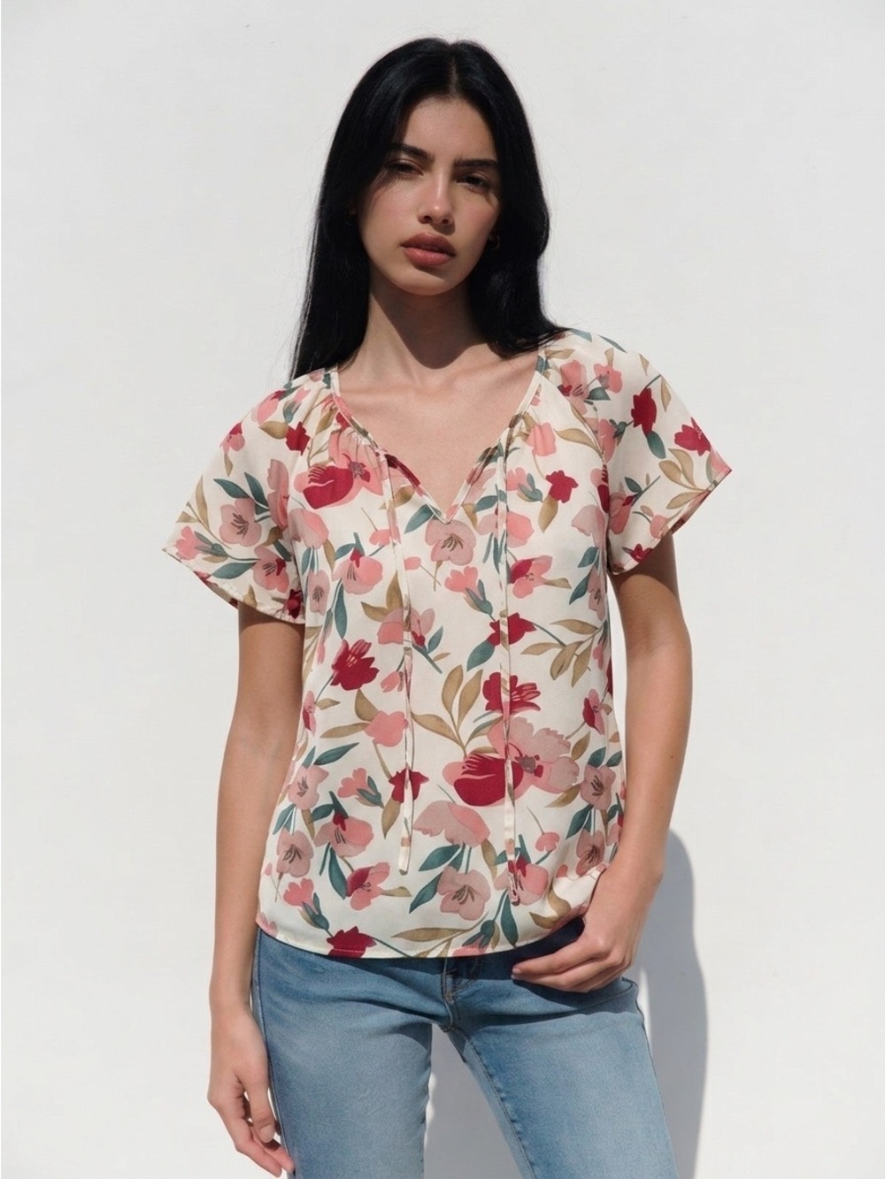 ❤️FREEw/PURCHASE Pink Floral Tie Neck Blouse Flowy Top Cream Pink Size L